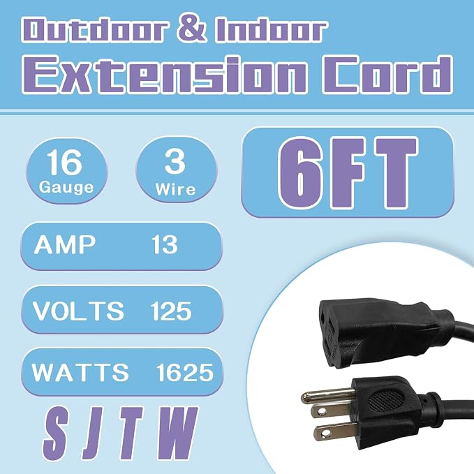 Extension Cord 6 FT, Outdoor 16/3 SJTW Weatherproof Black Electrical Cords - Image 2