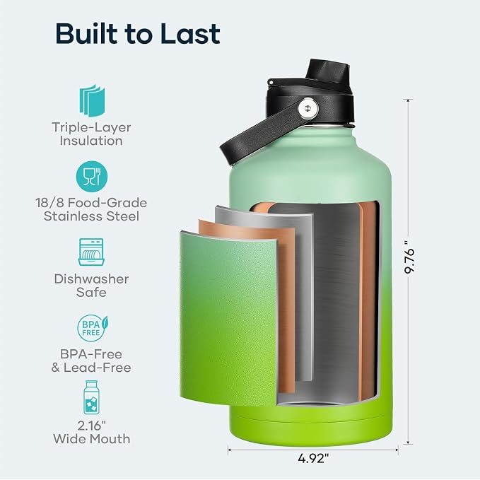 BUZIO 64oz Insulated Water Bottle, Triple Wall Stainless Steel Leakproof Half - Image 4