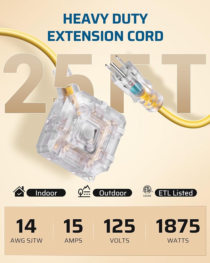 DEWENWILS 25FT Outdoor Heavy Duty Extension Cord, 14 AWG SJTW Power Cord - Image 8