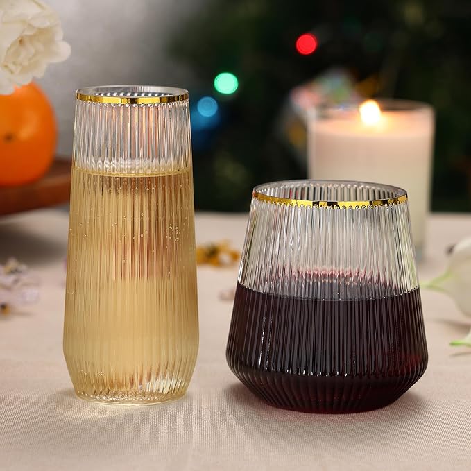 48 Pack Ribbed Plastic Wine Glasses – 24 x 9oz Stemless Champagne Flutes & 24 x - Image 3
