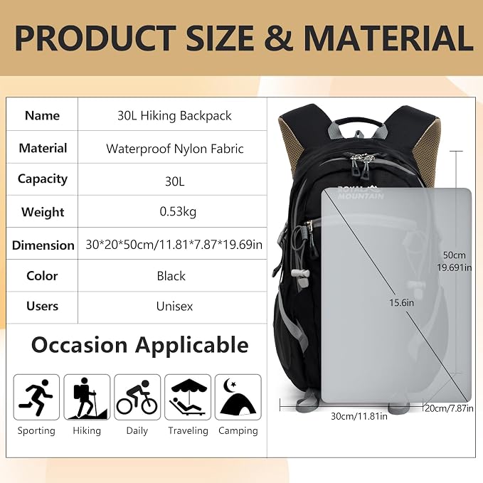 Hiking Backpack With Rain-cover, 30L Travel Backpacks - Image 2