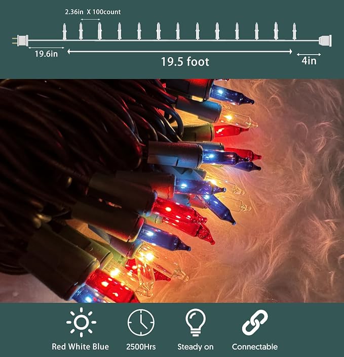 HISHINY Red White Blue 4th of July Patriotic Decorations Lights 100 Count Mini - Image 2