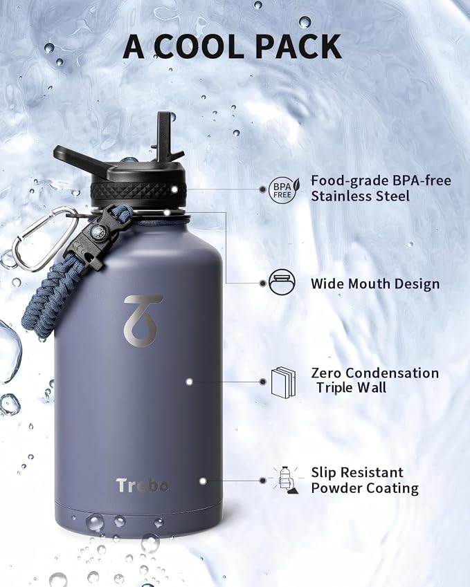 Trebo Water Bottle 64oz with Paracord Handle, Half Gallon Large Vacuum Triple - Image 6
