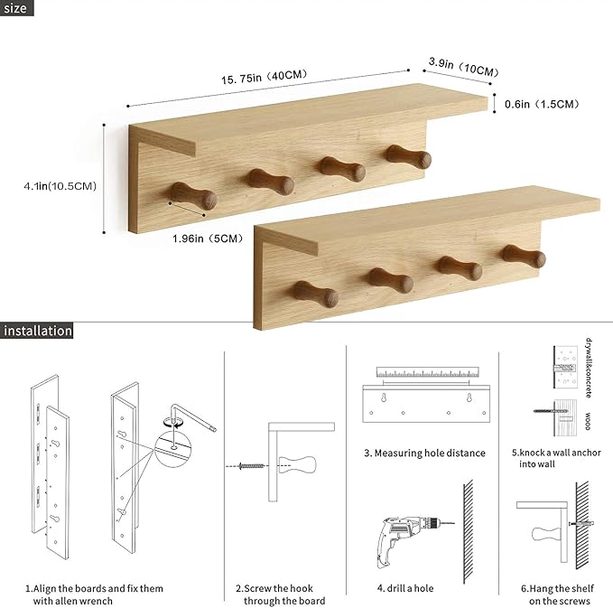 Entrance Coat Rack ，Coat Hooks, Wall-Mounted Wooden Hook Rack, Wall-Mounted - Image 5