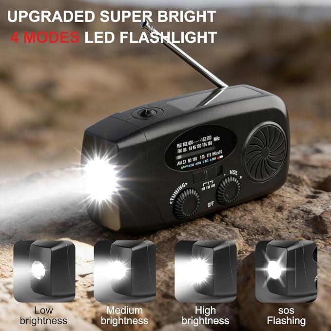 Weather Emergency Radio, Portable Solar AM/FM/NOAA Hand Crank Radio, Cell Phone - Image 4