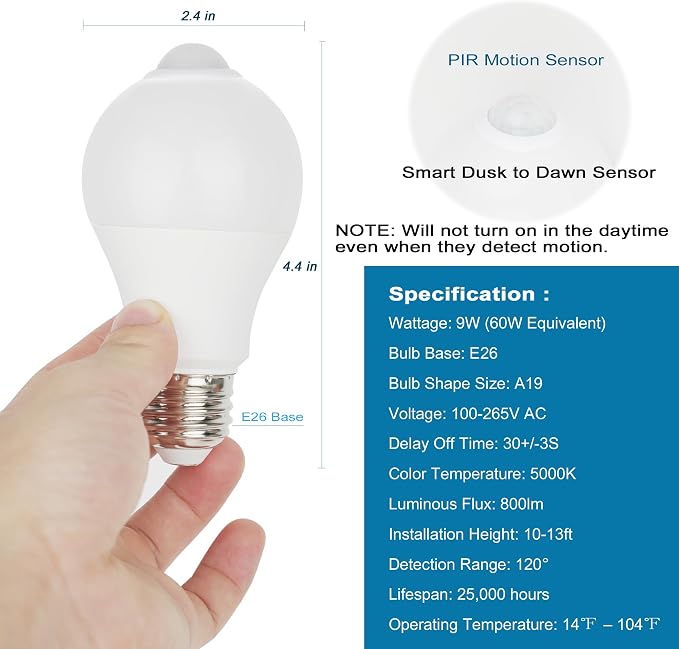 Motion Sensor Light Bulbs for Outdoor Indoor, 9W A19 Motion Detector Led Bulb - Image 8