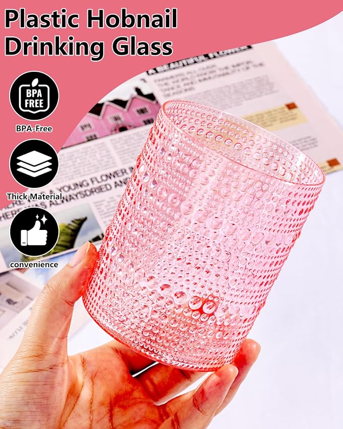 YOUBET 24PCS Plastic Drinking Glasses - 14OZ Pink Hobnail Drinkware Glasses - - Image 4