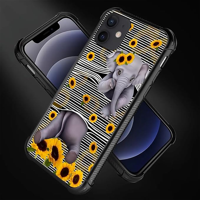 for iPhone 11 Case, Cute Little Elephant Sunflower White Line Art Pattern - Image 3