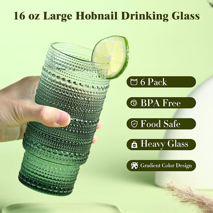 Large Capacity 16 oz Hobnail Drinking Glasses Set of 6, Vintage Glassware - Image 2