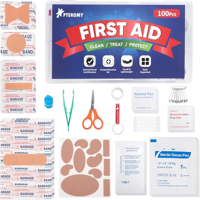 PTEROMY 100 Piece Mini First Aid Kit, Portable Small Emergency Kits Compact 1st by PTEROMY