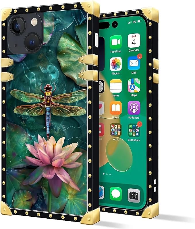 Compatible with iPhone 14 Case, Colourful Dragonfly Pink Lily Pads Luxury - Image 2