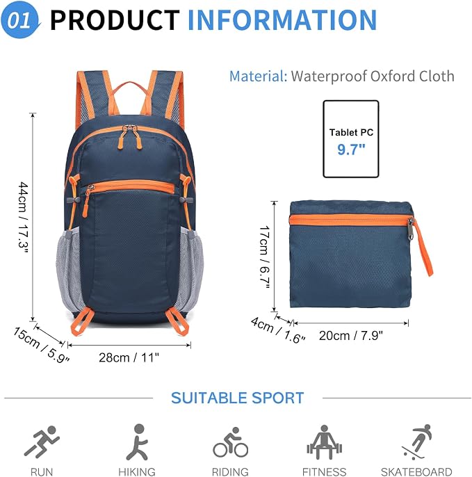 Hiking Daypack Packable, Camping Backpack Water Resistant Lightweight Polyester - Image 2