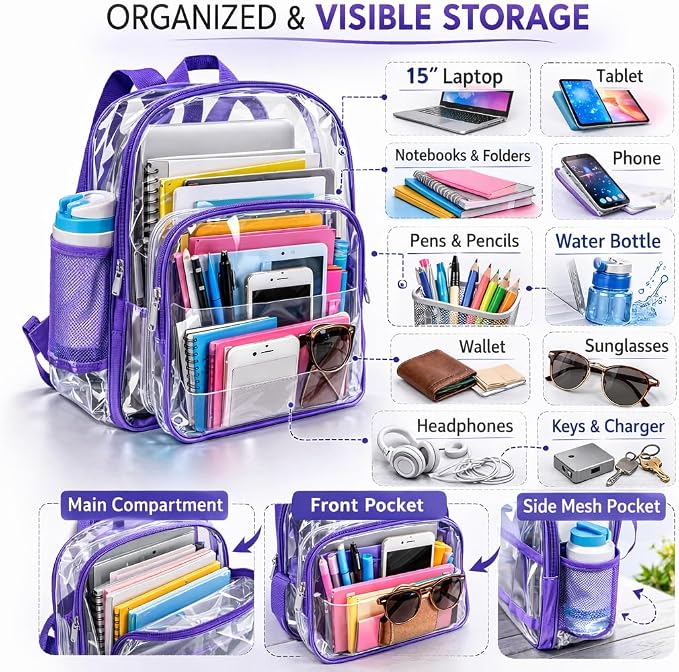 K-Cliffs Large Transparent Backpack Clear Heavy Duty School Bag Durable Student - Image 7