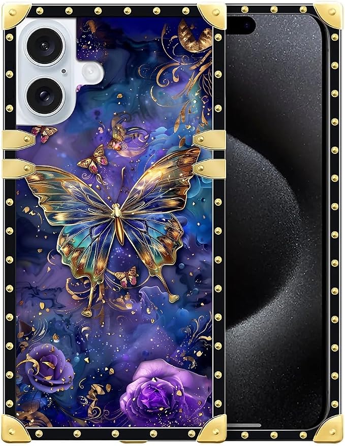 Compatible with iPhone 16 Plus Case, Glistening Golden Butterfly Vibrant Purple by Unknown