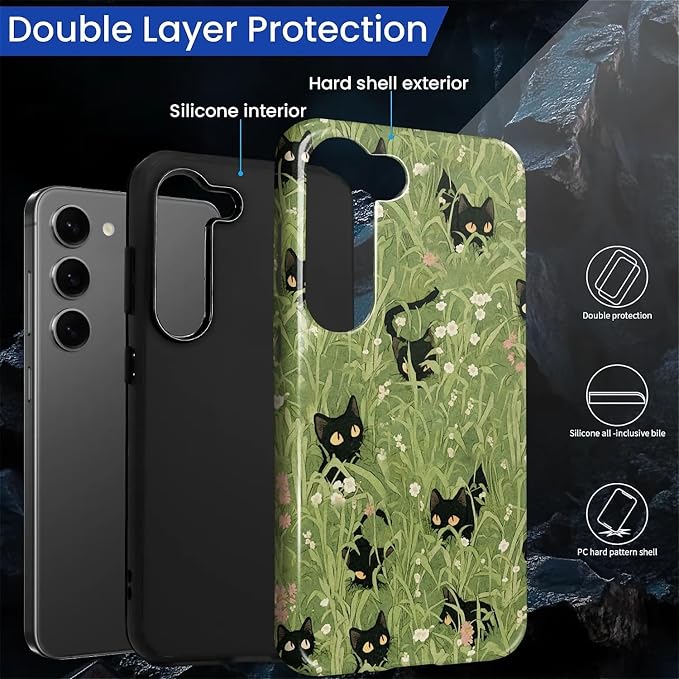for Samsung Galaxy S23 Case, HL2 Grass Cat Hybrid 2 Layer Hard Shell Silicone - Image 2