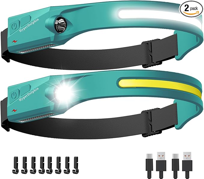 Headlamp Rechargeable LED 230° Wide Beam, USB-C Lightweight Head Lamp, Long by HyperDolphin