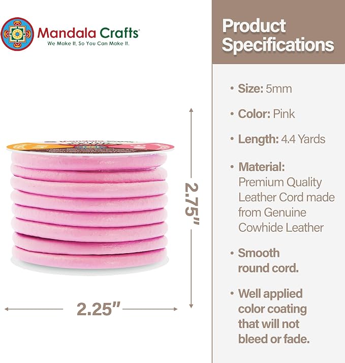 Mandala Crafts Round Genuine Pink Leather Cord - Image 4