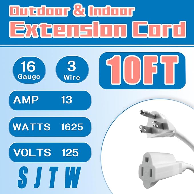 Indoor Outdoor Extension Cord 10 FT, 16/3 SJTW Weatherproof White Electrical - Image 2