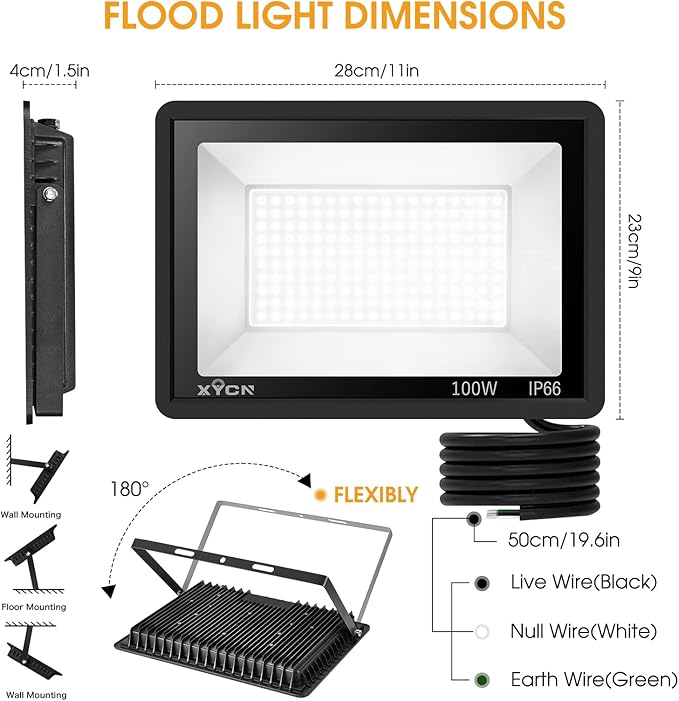 XYCN 4 Pack 100W LED Flood Light, IP66 Waterproof Outside Flood Light, 12500LM - Image 4