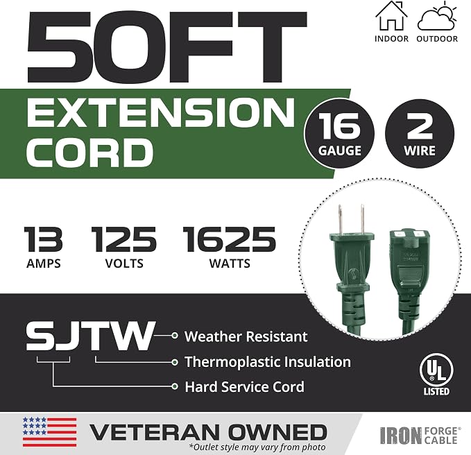 Iron Forge Cable 2 Prong Outdoor Extension Cord 50 ft, 16/2 Weatherproof Green - Image 2