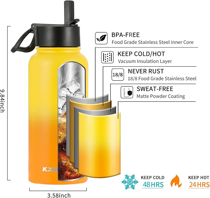 KXIAOCHEN Insulated Water Bottle, Stainless Steel Water Bottle, 2 Lids - Image 6
