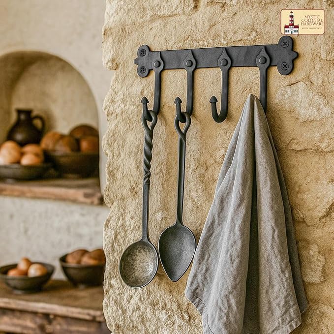 Mystic Colonial Medieval Rustic Hand-Forged Iron Wall Mounted Coat Rack | - Image 4