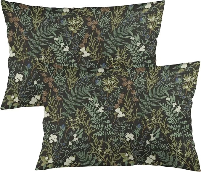 Botanical Print Floral Throw Pillow Covers Set of 2 Queen Size Black Sage Green by Unknown
