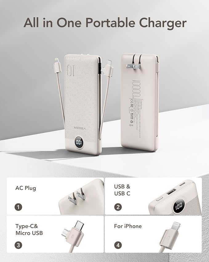VEGER Portable Charger with Built-in AC Plug and Cables, All in One 10000mAh - Image 2