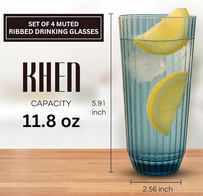 Khen Plastic Acrylic Ribbed Drinking Glasses – Set of 4 Multicolor 11.8oz - Image 2