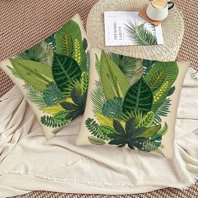 Tropical Leaves Palm 18x18 Throw Pillow Covers Set of 2 Green Tree Banana Leaf - Image 3