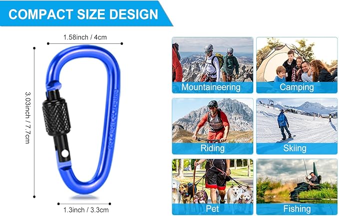 10 Pack Aluminum D Ring Key Rings Hiking Clips Locking Carabiner - Image 2