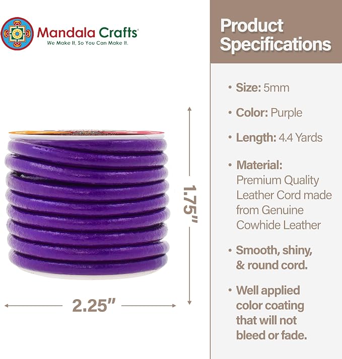 Mandala Crafts Round Genuine Purple Leather Cord - Image 4