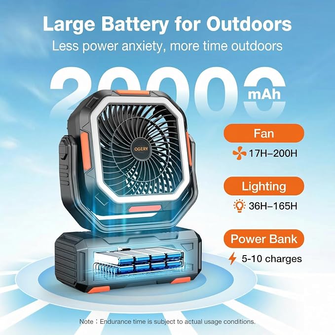 OGERY Camping Fan, Portable Fan Rechargeable - Image 3