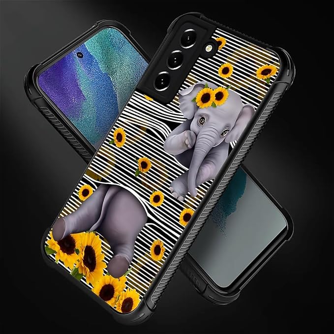 for Samsung Galaxy S21 Case, Cute Little Elephant Sunflower White Line Art - Image 2