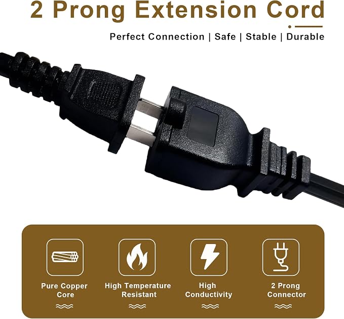 25 FT 2 Prong Extension Cord, 18AWG SPT-2 Indoor Male to Female Power Cord ETL - Image 4