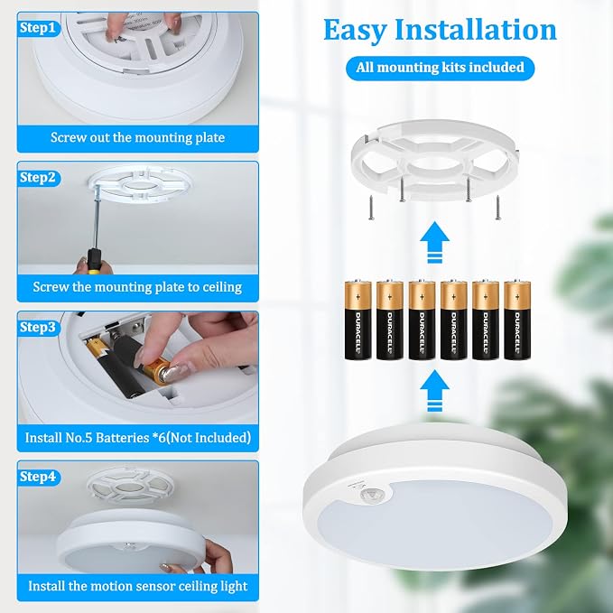 2-Pack Battery Operated Motion Sensor LED Ceiling Light, 7.2inch Flush Mount - Image 6