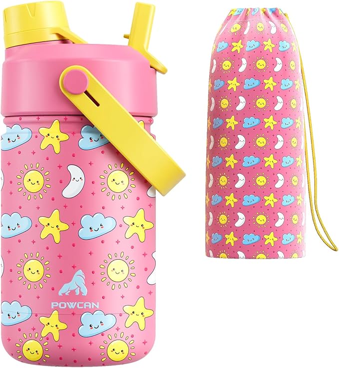 12 oz Kids Water Bottle for Girls: Leakproof, Durable Straw Spout Lid, 24H Cold by POWCAN