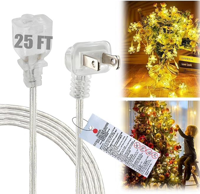 25FT Clear Extension Cord, Indoor Thin and Slim Extension Cord, 18AWG lamp Cords by Yeatel