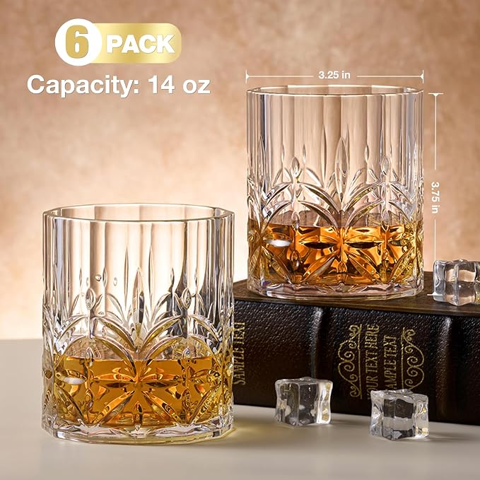 Hlukana Unbreakable Plastic Whiskey Glasses Set of 6, 14 Oz Old Fashioned - Image 2