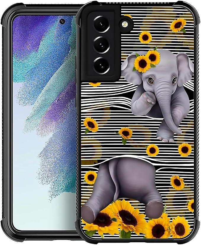 for Samsung Galaxy S22 Case, Cute Little Elephant Sunflower White Line Art by FKBRCL4U