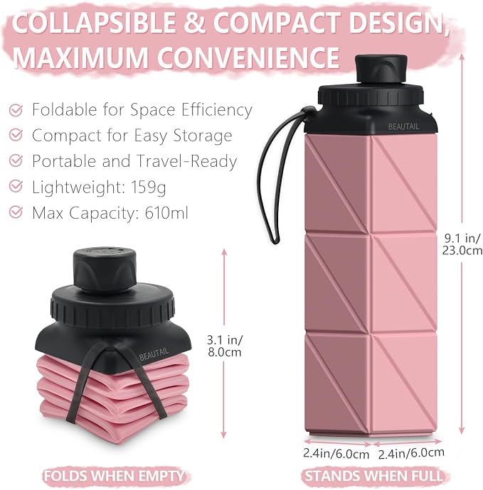 BEAUTAIL Collapsible Water Bottles, Silicone Foldable Water Bottle 610ml - Image 2