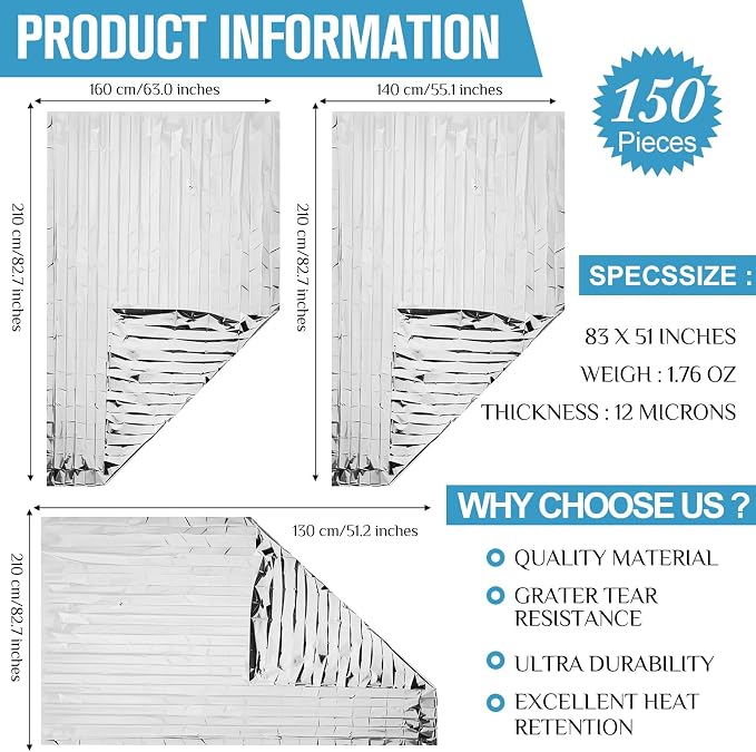 Kanayu 150 Pack 3 Size Safe Emergency Blankets Thermal Survival Space Blanket - Image 2