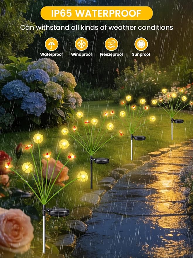 Solar Garden Lights Outdoor, 4 Pack 32 LED, Solar Swaying Dandelion Bee Lights - Image 3