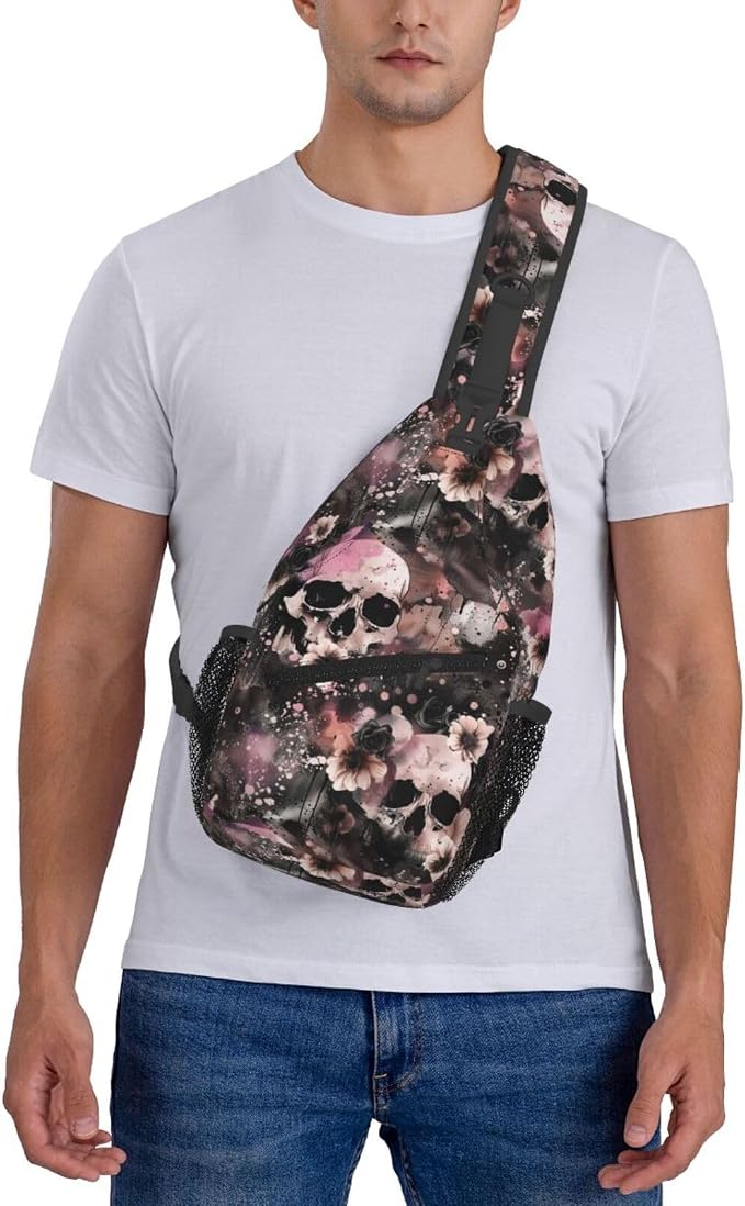 Flowers And Skulls Sling Bag For Women Men Halloween Backpack Crossbody Skull - Image 7