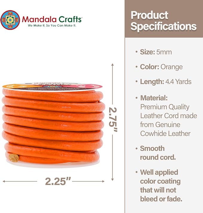 Mandala Crafts Round Genuine Orange Leather Cord - Image 4