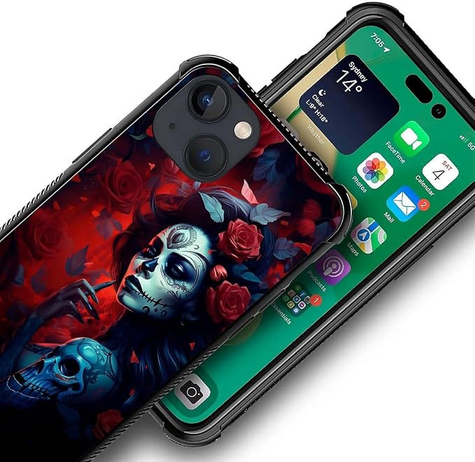 for iPhone 14 Case, Skull Lady Rose Pattern Graphic Design Girl Boy Soft - Image 5