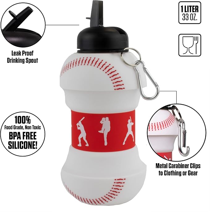 Maccabi Art Clip-On Collapsible 1 Liter, 34 oz. size BPA-Free Silicone Baseball - Image 6