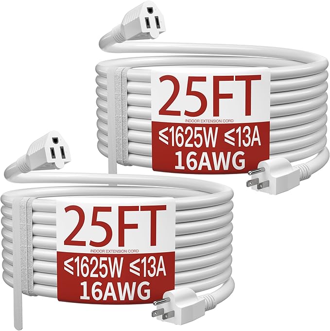 16/3 Indoor Extension Cord 25 FT 2 Pack, 3 Prong Power Cable, Suitable by Skrizcable