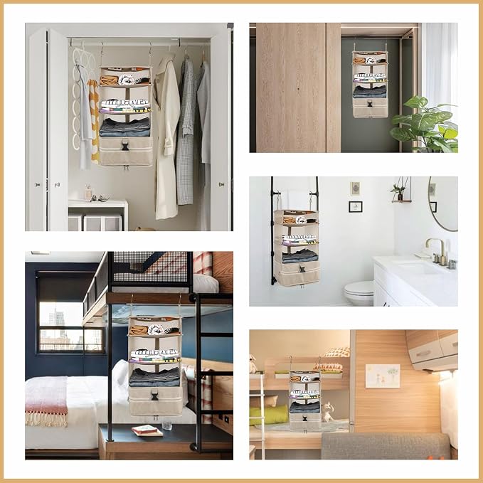 Surblue Hanging Closet Storage Bag Collapsible 3-Shelf Washable Oxford Fabric - Image 7