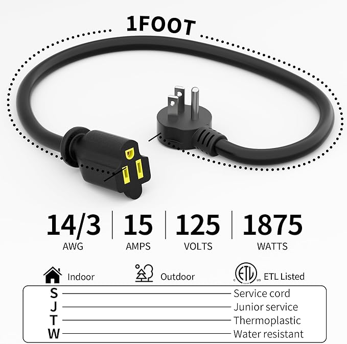 Vockjour 1 FT 3 Pack Black Short Low Profile Flat Plug 14 Gauge Heavy Duty - Image 2